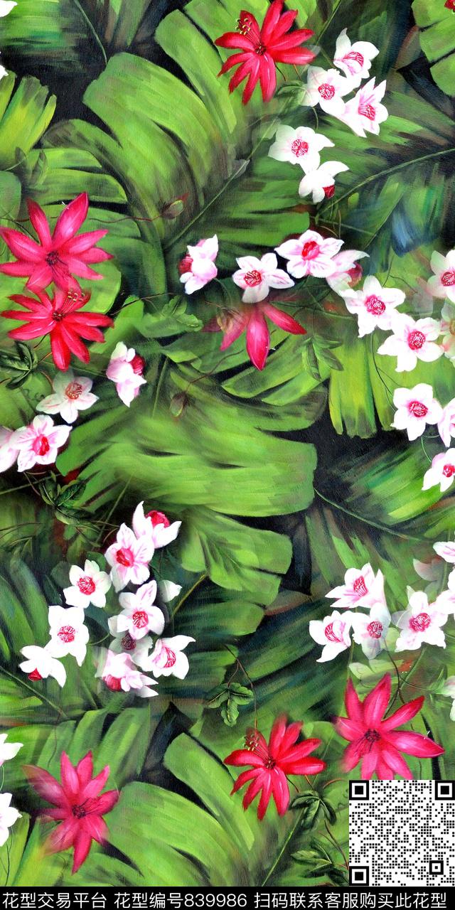 花卉热带树叶数码印花华亿平台下载（图片编号: 839986） - 瓦栏（Walan）