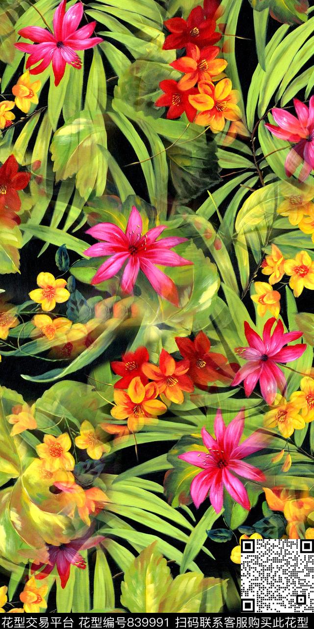 花卉热带树叶数码印花华亿平台下载（图片编号: 839991） - 瓦栏（Walan）