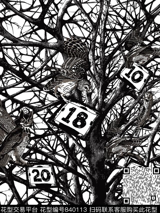 树枝鸟抽象传统印花华亿平台下载（图片编号: 840113） - 瓦栏（Walan）