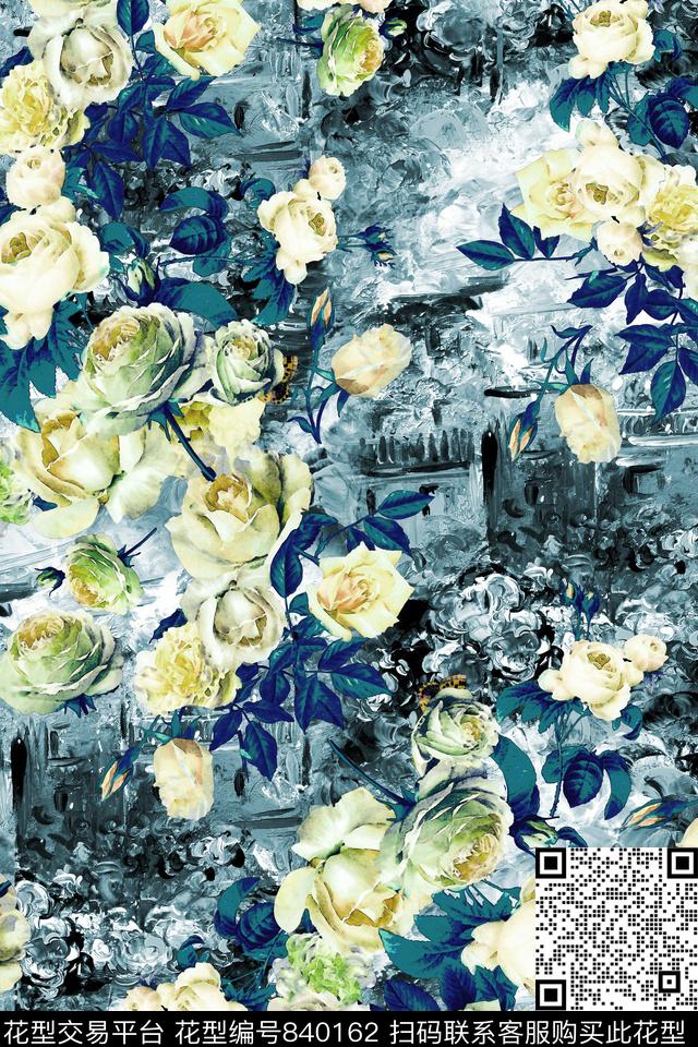 水彩花卉玫瑰肌理数码印花华亿平台下载（图片编号: 840162） - 瓦栏（Walan）