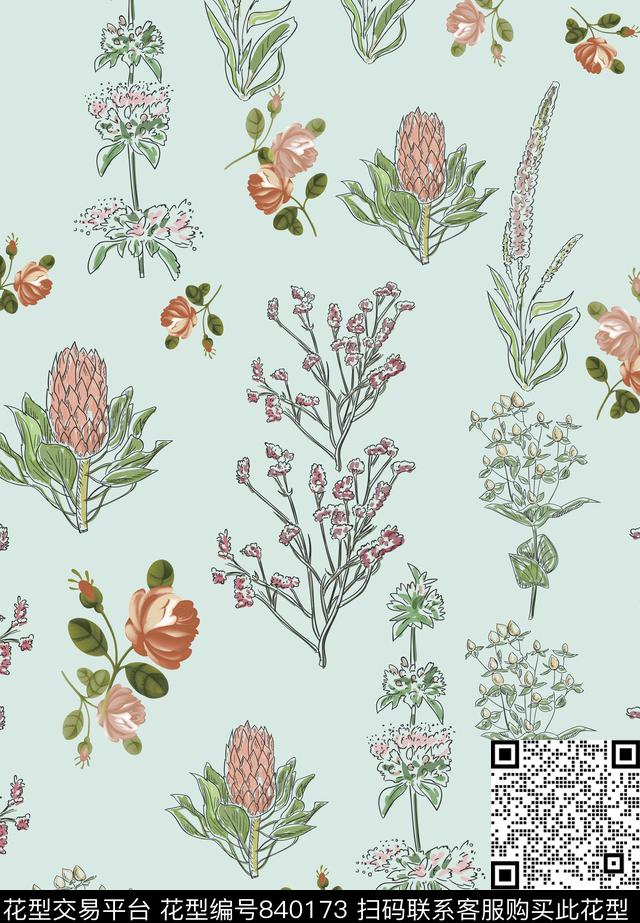 手绘小花枝花卉传统印花华亿平台下载（图片编号: 840173） - 瓦栏（Walan）
