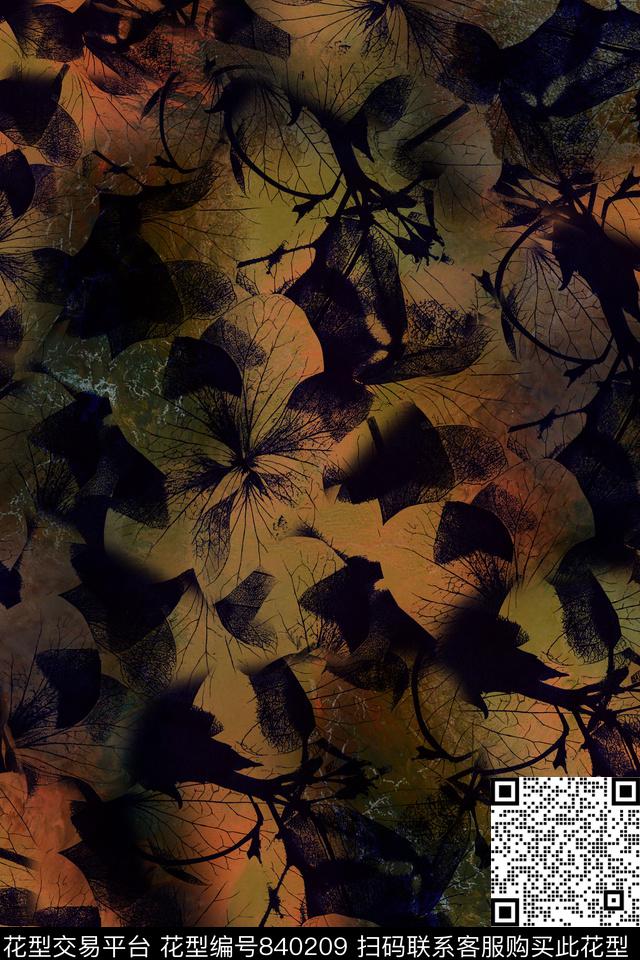 叶子肌理香云纱数码印花华亿平台下载（图片编号: 840209） - 瓦栏（Walan）