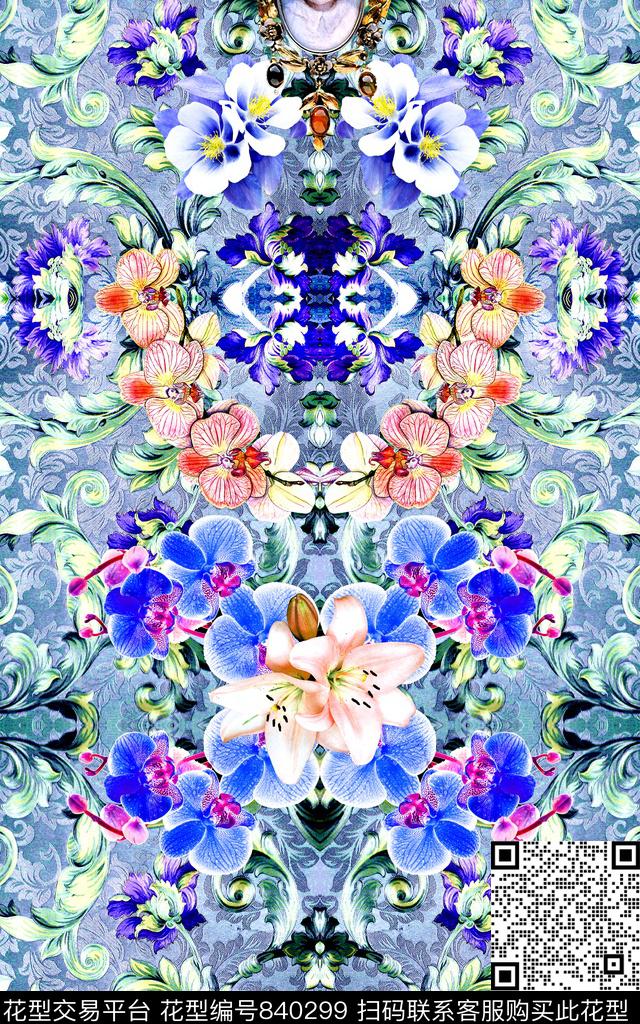 时尚手绘卷草数码印花华亿平台下载（图片编号: 840299） - 瓦栏（Walan）