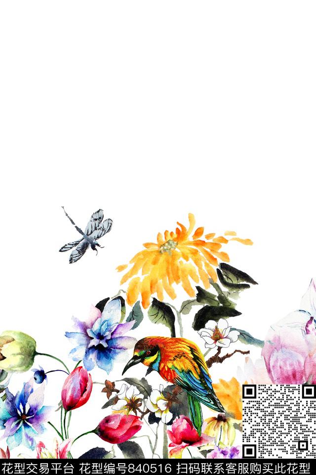 鸟花卉下摆数码印花华亿平台下载（图片编号: 840516） - 瓦栏（Walan）
