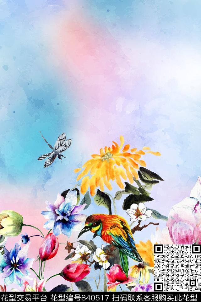 鸟花卉下摆数码印花华亿平台下载（图片编号: 840517） - 瓦栏（Walan）