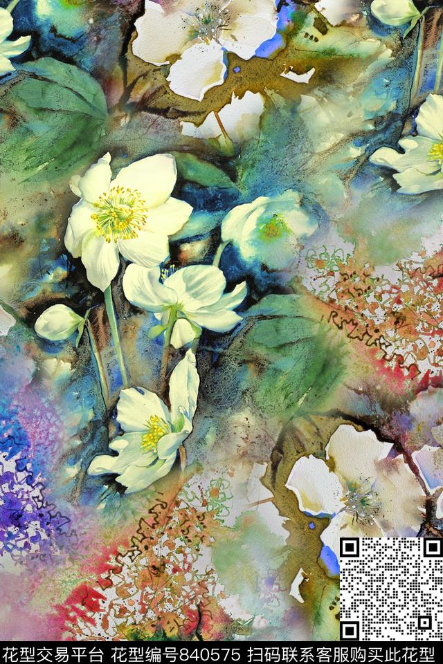 花卉水彩肌理数码印花华亿平台下载（图片编号: 840575） - 瓦栏（Walan）