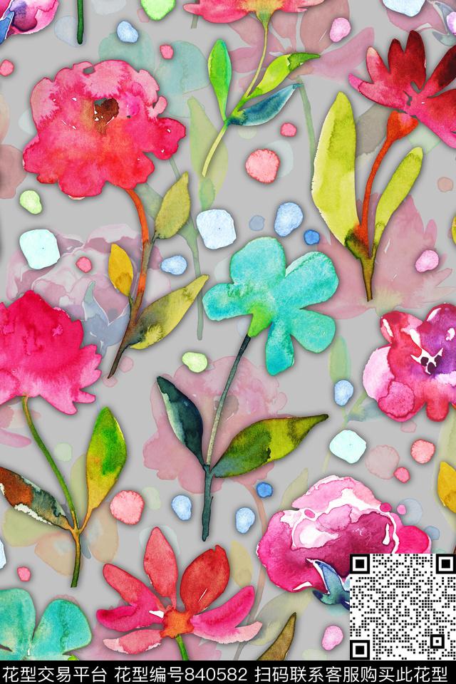 花卉水彩波点数码印花华亿平台下载（图片编号: 840582） - 瓦栏（Walan）