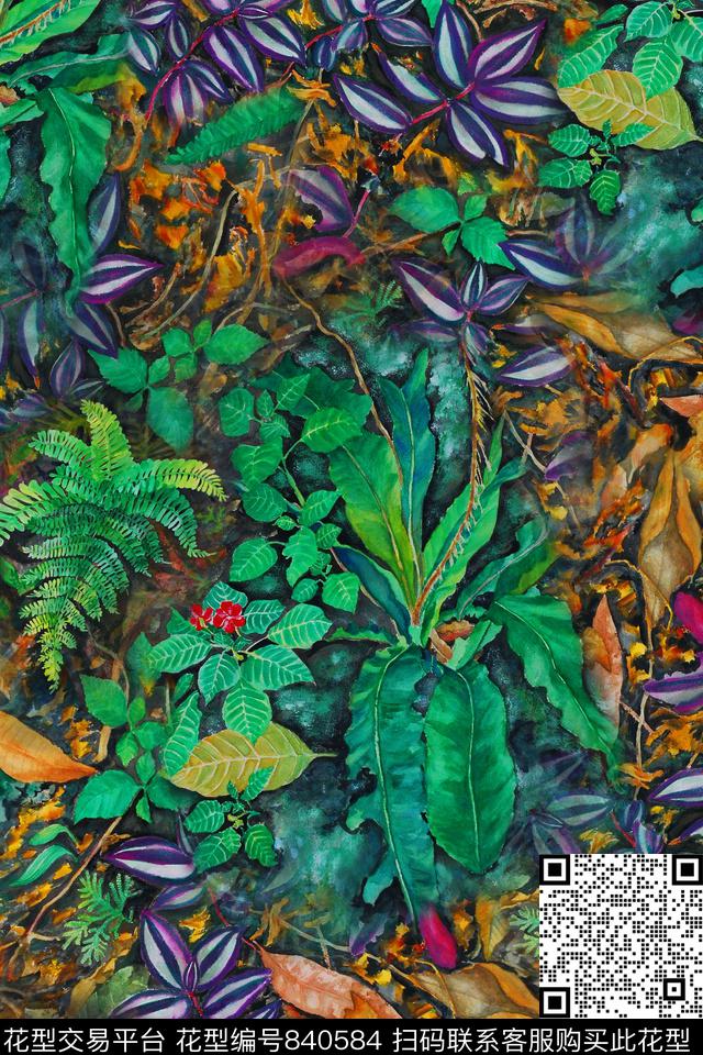 花卉叶子水彩数码印花华亿平台下载（图片编号: 840584） - 瓦栏（Walan）