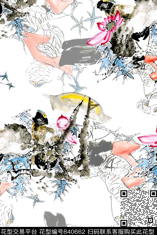 手绘花卉满版散花中国风数码印花华亿平台下载（图片编号: 840662） - 瓦栏（Walan）