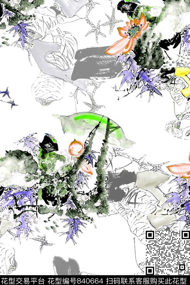 手绘花卉满版散花中国风数码印花华亿平台下载（图片编号: 840664） - 瓦栏（Walan）