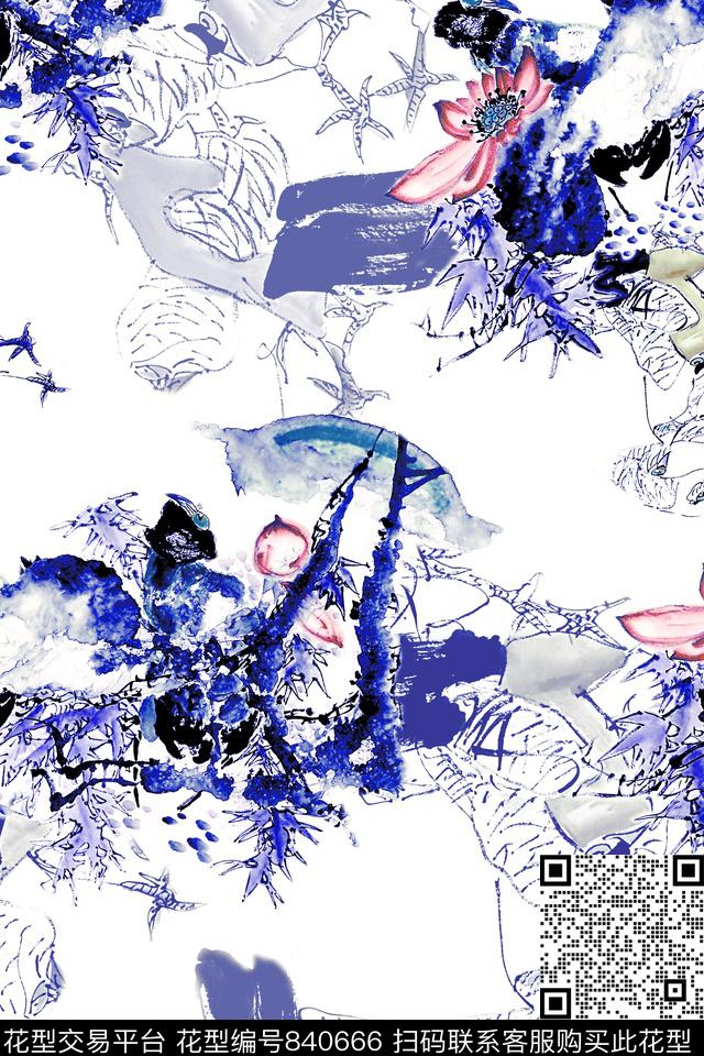 手绘花卉满版散花中国风数码印花华亿平台下载（图片编号: 840666） - 瓦栏（Walan）