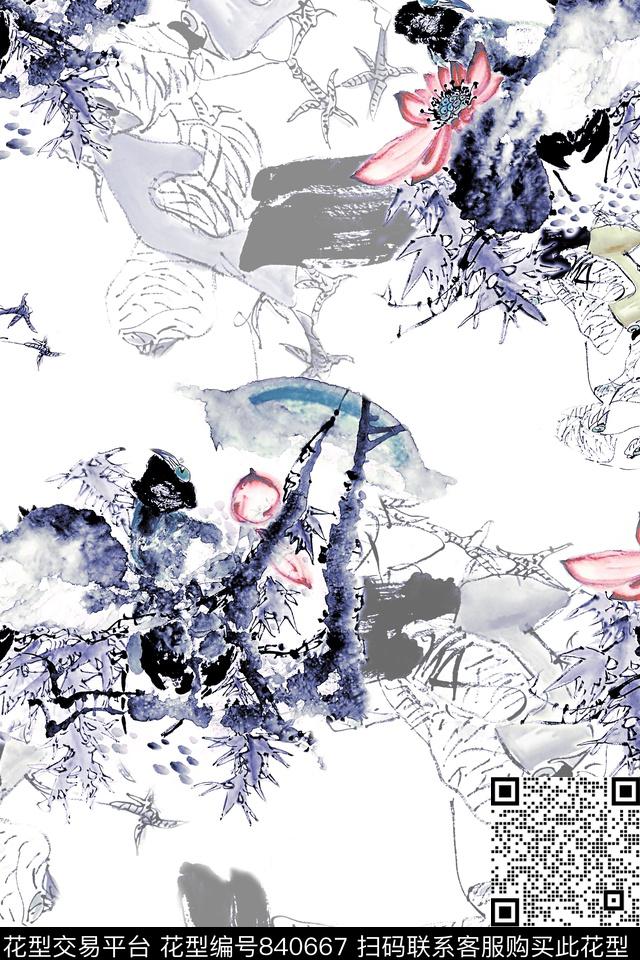 手绘花卉满版散花中国风数码印花华亿平台下载（图片编号: 840667） - 瓦栏（Walan）