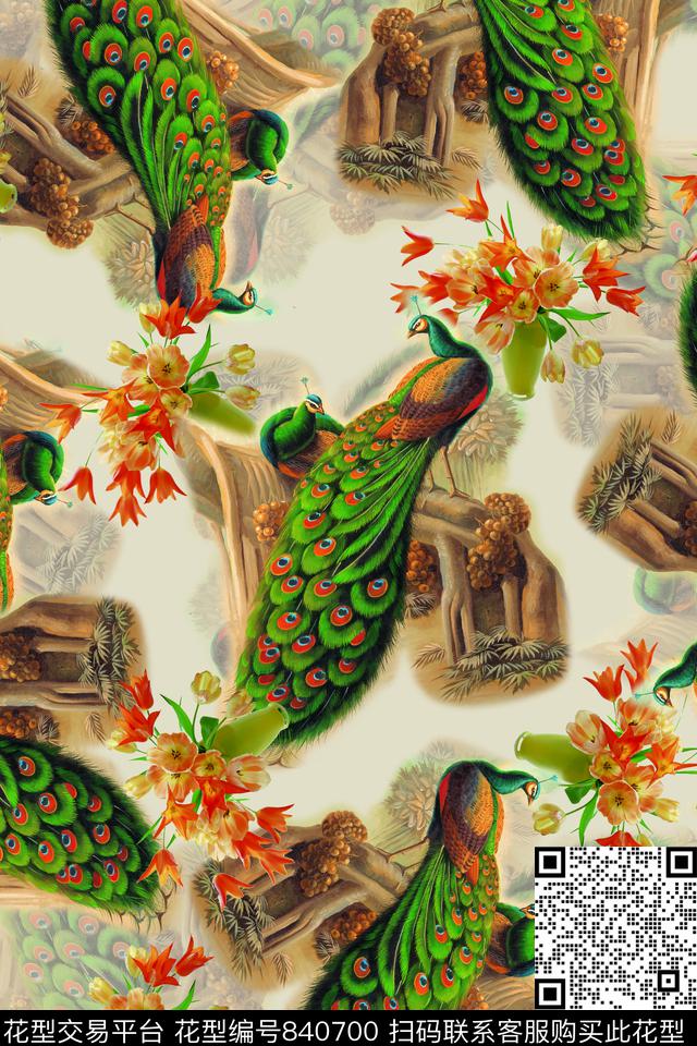 华亿平台孔雀花卉花鸟图案数码印花华亿平台下载（图片编号: 840700） - 瓦栏（Walan）