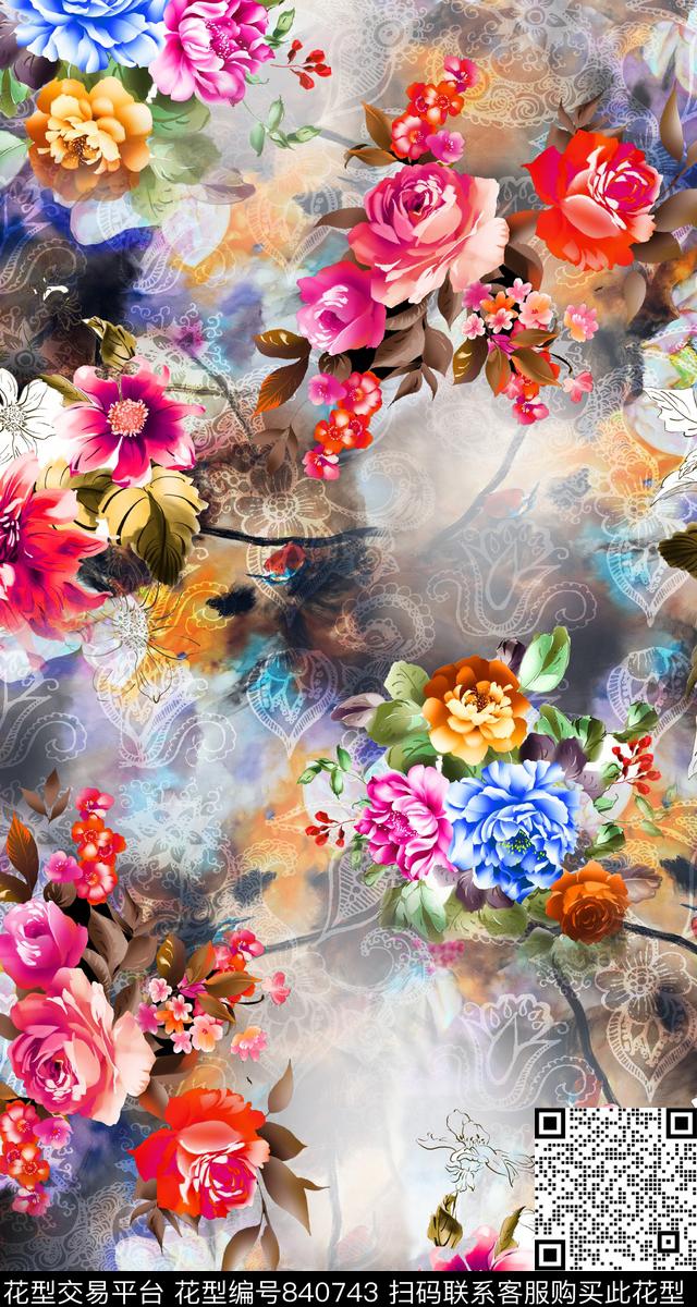菊花玫瑰大花数码印花华亿平台下载（图片编号: 840743） - 瓦栏（Walan）