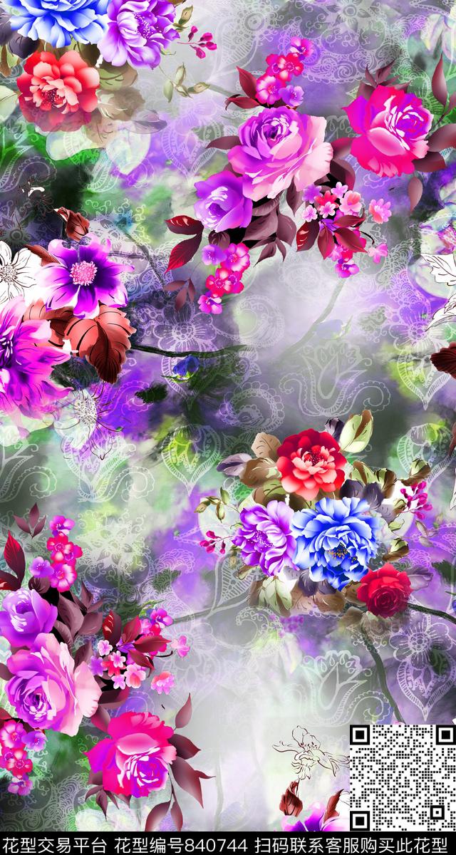 菊花玫瑰大花数码印花华亿平台下载（图片编号: 840744） - 瓦栏（Walan）