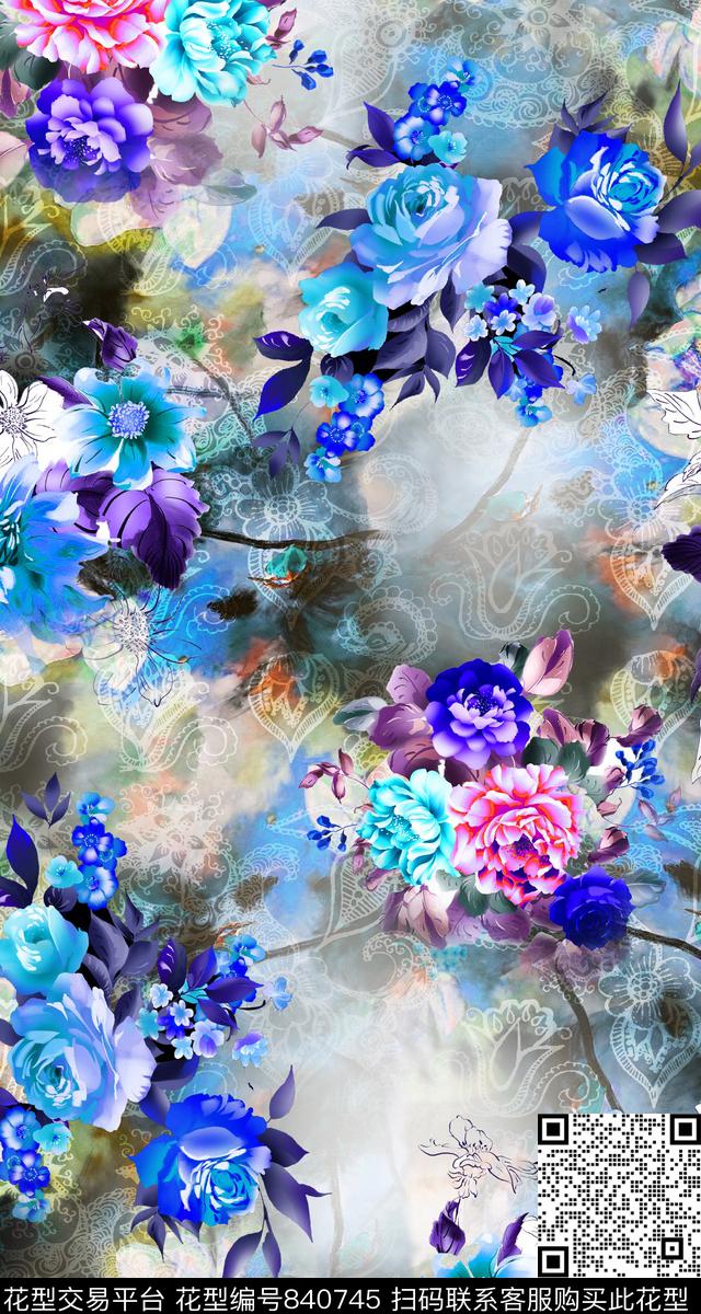 菊花玫瑰大花数码印花华亿平台下载（图片编号: 840745） - 瓦栏（Walan）