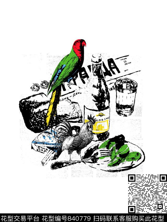 手绘插图鸟男装T恤华亿平台传统印花华亿平台下载（图片编号: 840779） - 瓦栏（Walan）