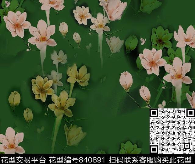 玉兰花花卉国画数码印花华亿平台下载（图片编号: 840891） - 瓦栏（Walan）