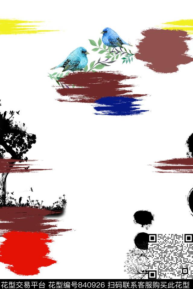 小鸟笔刷简单数码印花华亿平台下载（图片编号: 840926） - 瓦栏（Walan）