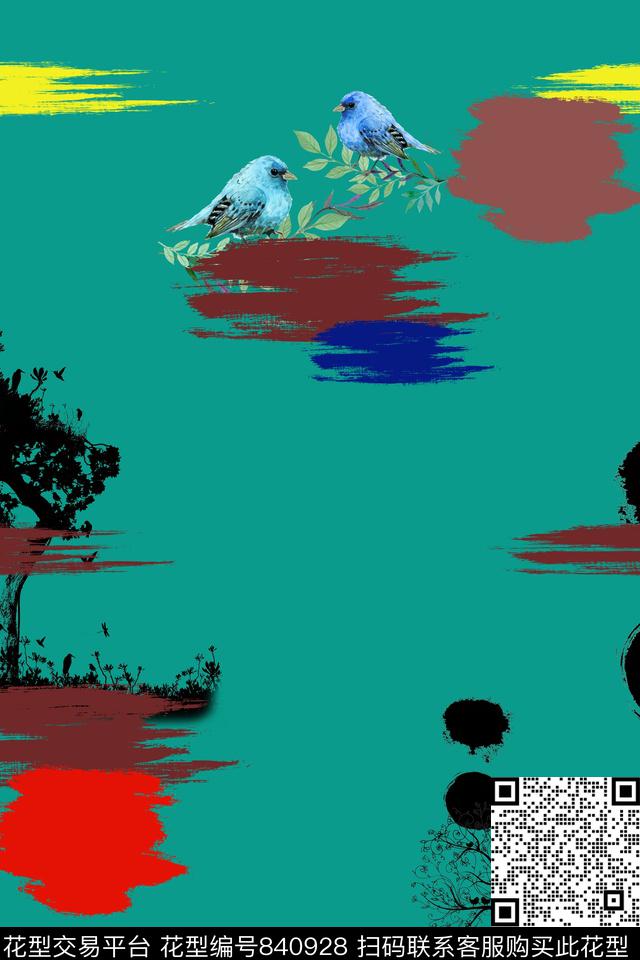 小鸟笔刷简单数码印花华亿平台下载（图片编号: 840928） - 瓦栏（Walan）