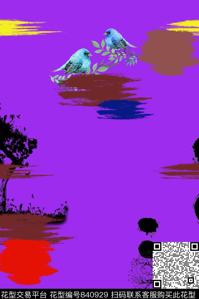 小鸟笔刷简单数码印花华亿平台下载（图片编号: 840929） - 瓦栏（Walan）