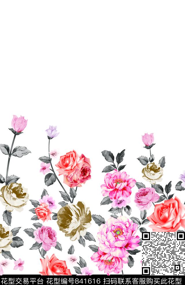 乱花大花玫瑰数码印花华亿平台下载（图片编号: 841616） - 瓦栏（Walan）