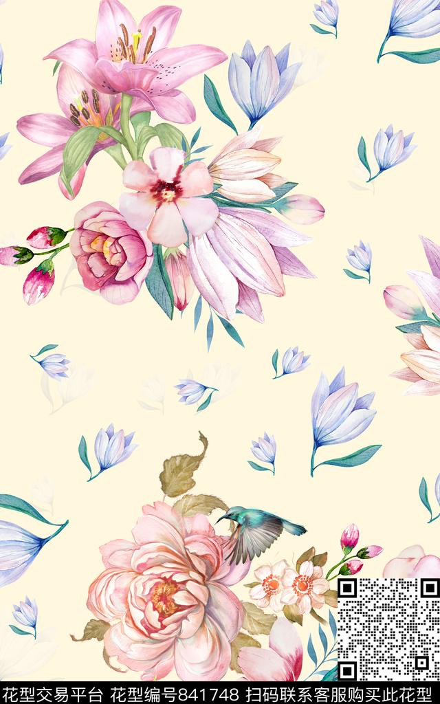 手绘水彩花卉数码印花华亿平台下载（图片编号: 841748） - 瓦栏（Walan）