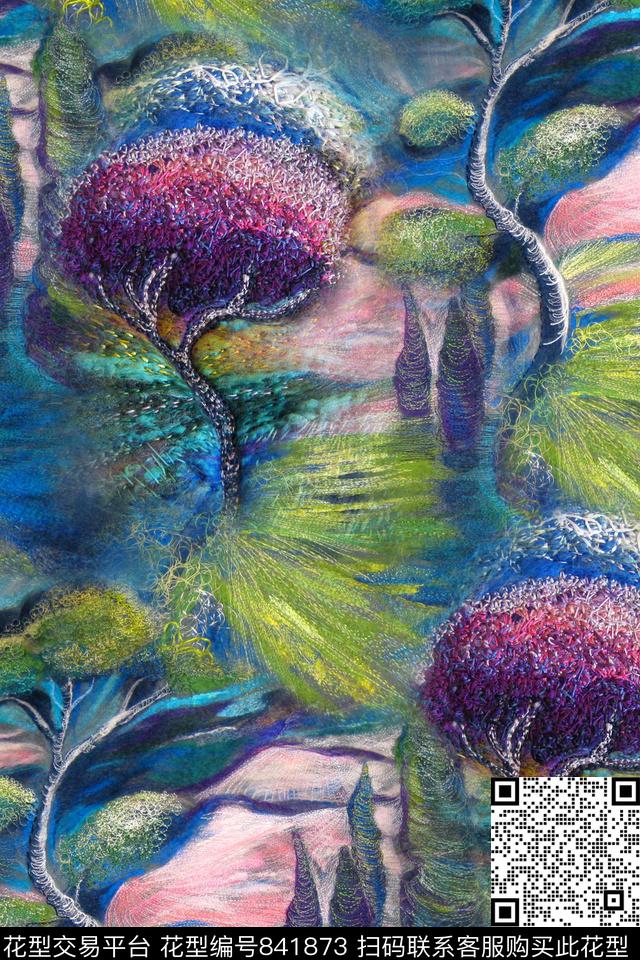 刺绣风景树数码印花华亿平台下载（图片编号: 841873） - 瓦栏（Walan）