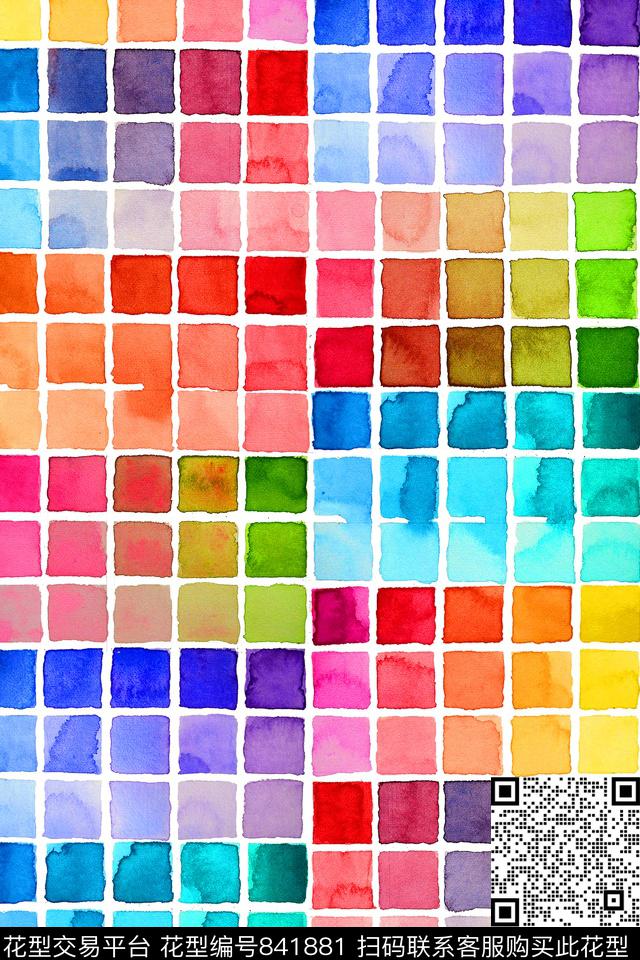 几何格子水彩数码印花华亿平台下载（图片编号: 841881） - 瓦栏（Walan）