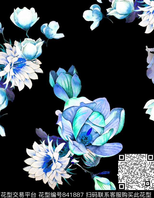 荷花牡丹花卉数码印花华亿平台下载（图片编号: 841887） - 瓦栏（Walan）