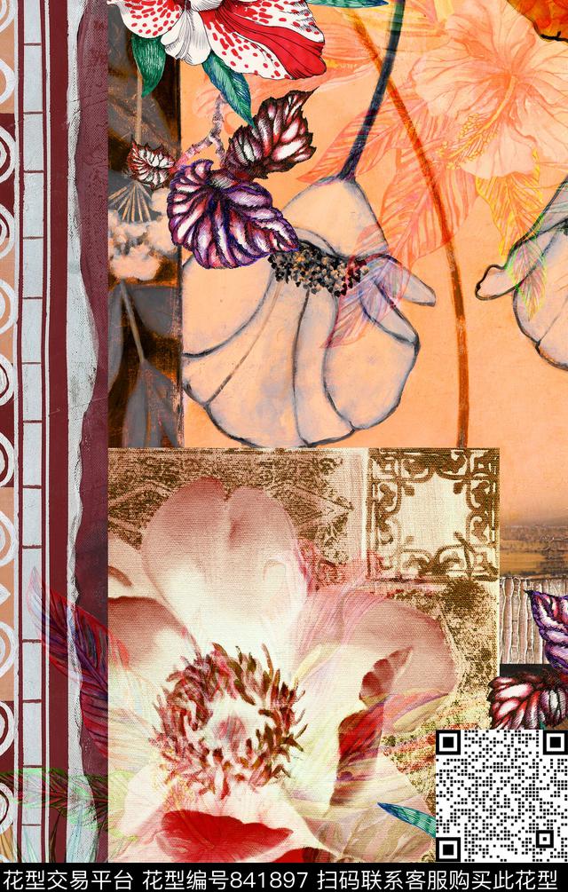 波西米亚卷草纹民族风数码印花华亿平台下载（图片编号: 841897） - 瓦栏（Walan）