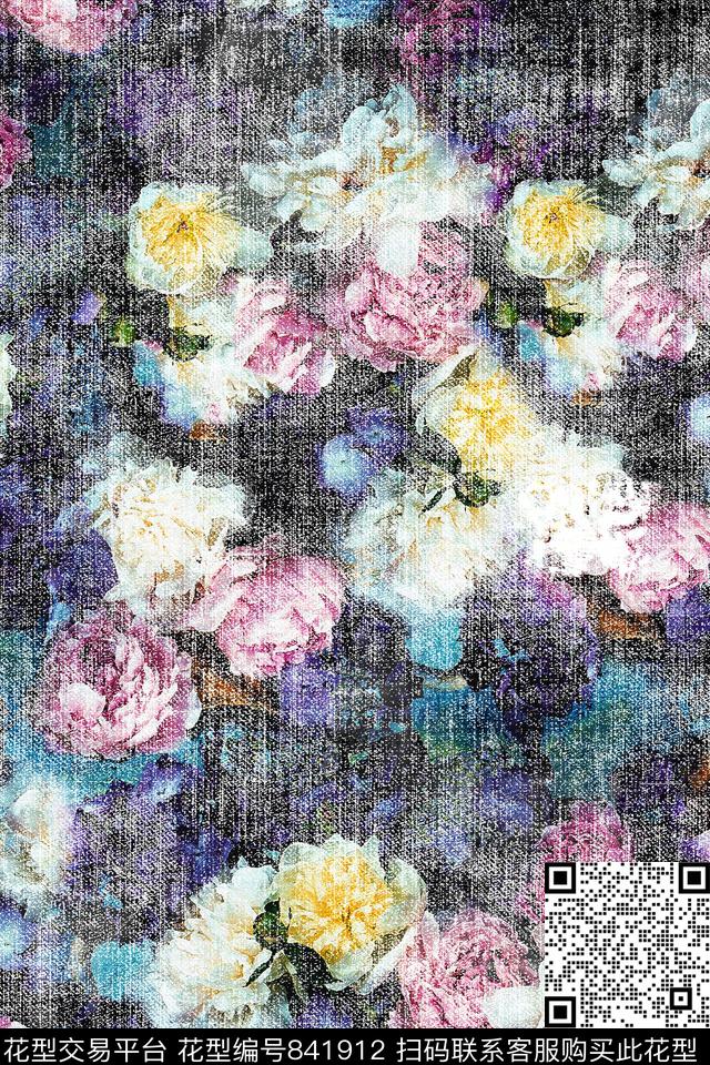 花卉油画牛仔布机理数码印花华亿平台下载（图片编号: 841912） - 瓦栏（Walan）