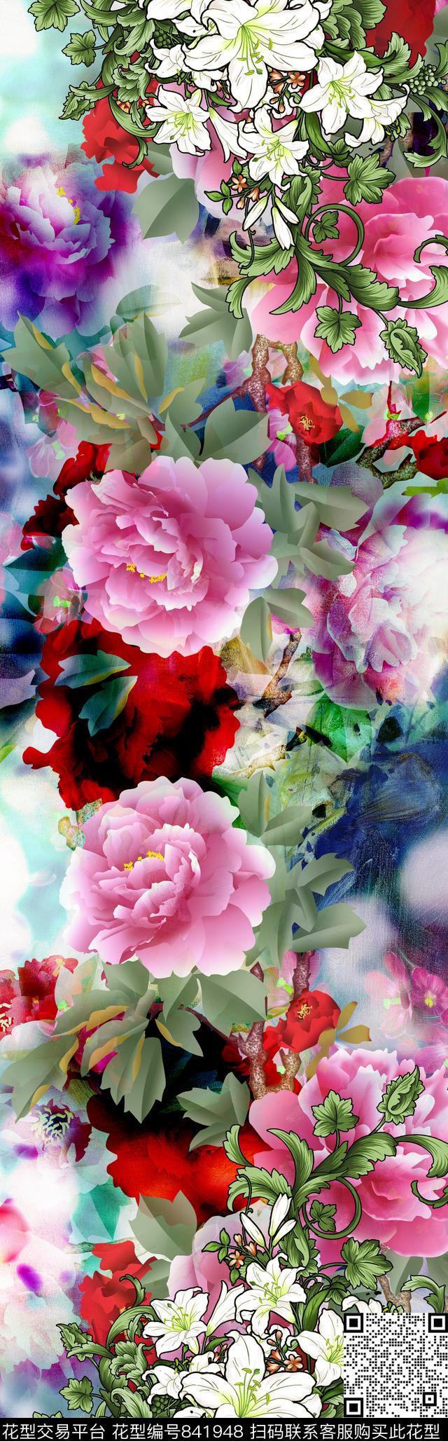 中国风花卉披肩长巾数码印花华亿平台下载（图片编号: 841948） - 瓦栏（Walan）