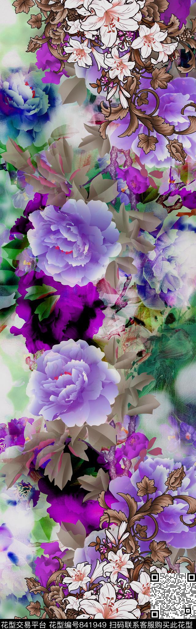 中国风花卉披肩长巾数码印花华亿平台下载（图片编号: 841949） - 瓦栏（Walan）