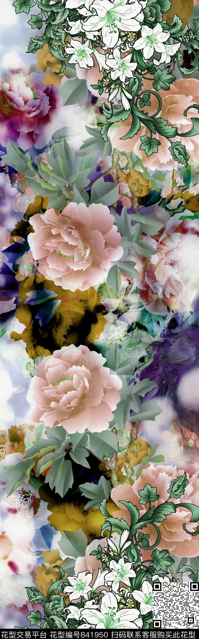 中国风花卉披肩长巾数码印花华亿平台下载（图片编号: 841950） - 瓦栏（Walan）