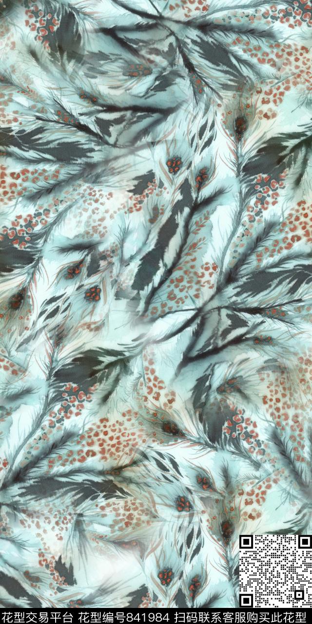手绘抽象羽毛数码印花华亿平台下载（图片编号: 841984） - 瓦栏（Walan）