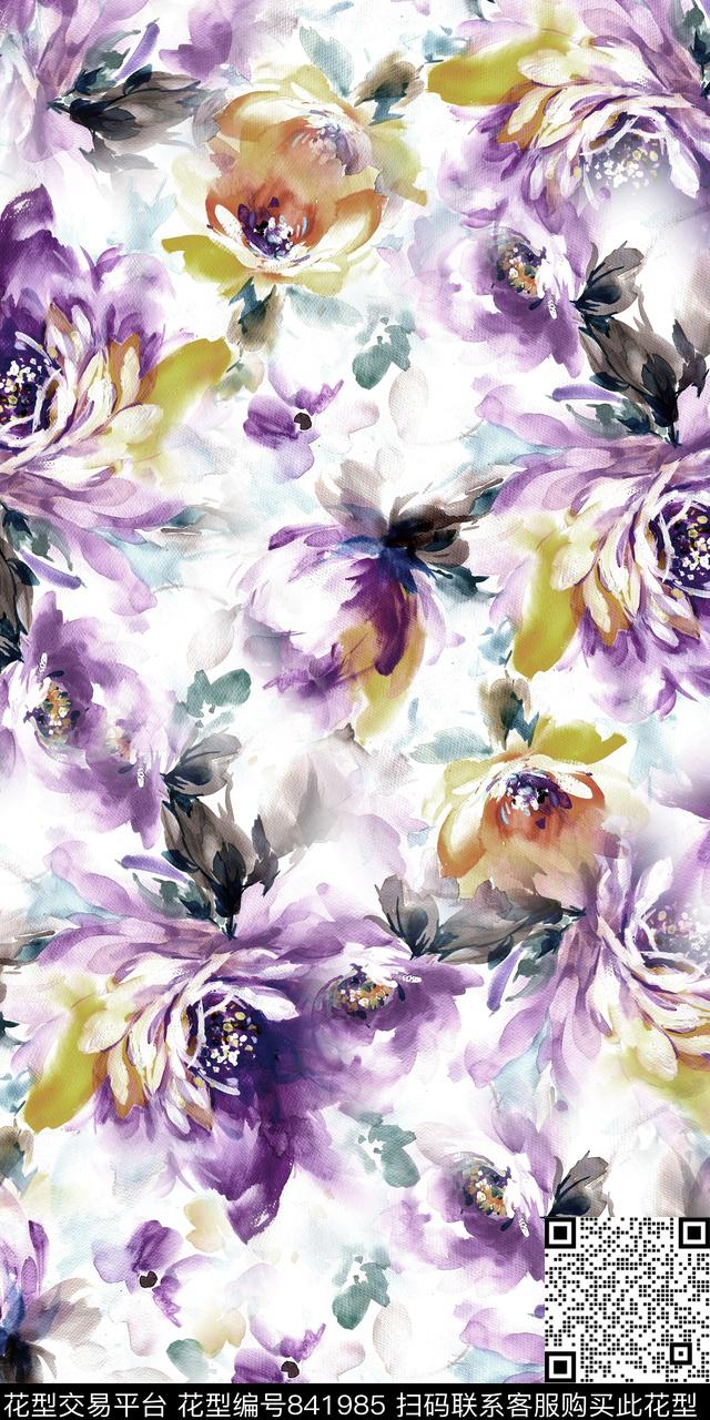 手绘花卉抽象花卉水彩花卉数码印花华亿平台下载（图片编号: 841985） - 瓦栏（Walan）