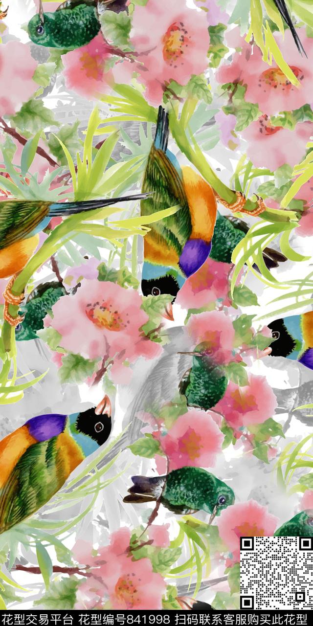 花鸟乱花花朵数码印花华亿平台下载（图片编号: 841998） - 瓦栏（Walan）