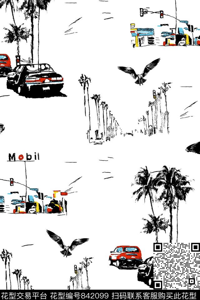 热带植物车飞鸟传统印花华亿平台下载（图片编号: 842099） - 瓦栏（Walan）