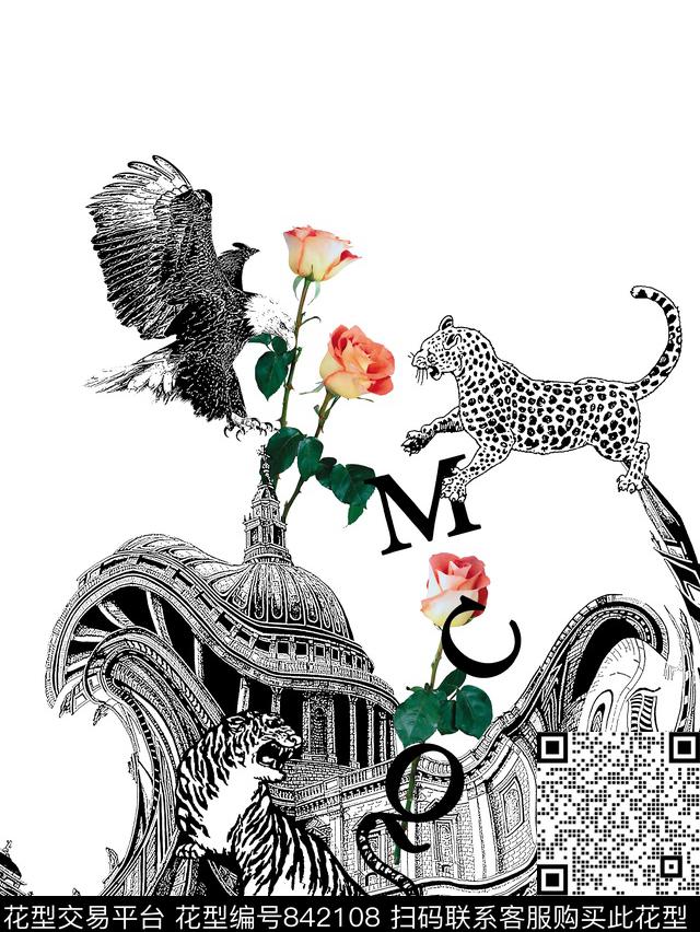 豹子老鹰花卉数码印花华亿平台下载（图片编号: 842108） - 瓦栏（Walan）