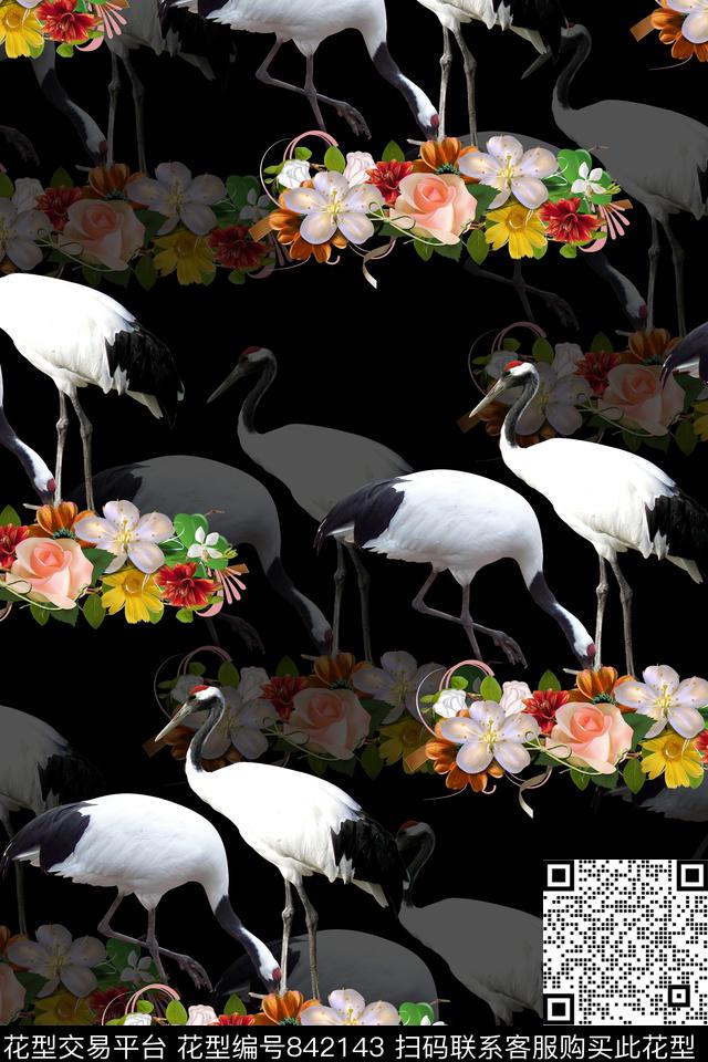 写意花环丹顶鹤时尚写意数码印花华亿平台下载（图片编号: 842143） - 瓦栏（Walan）