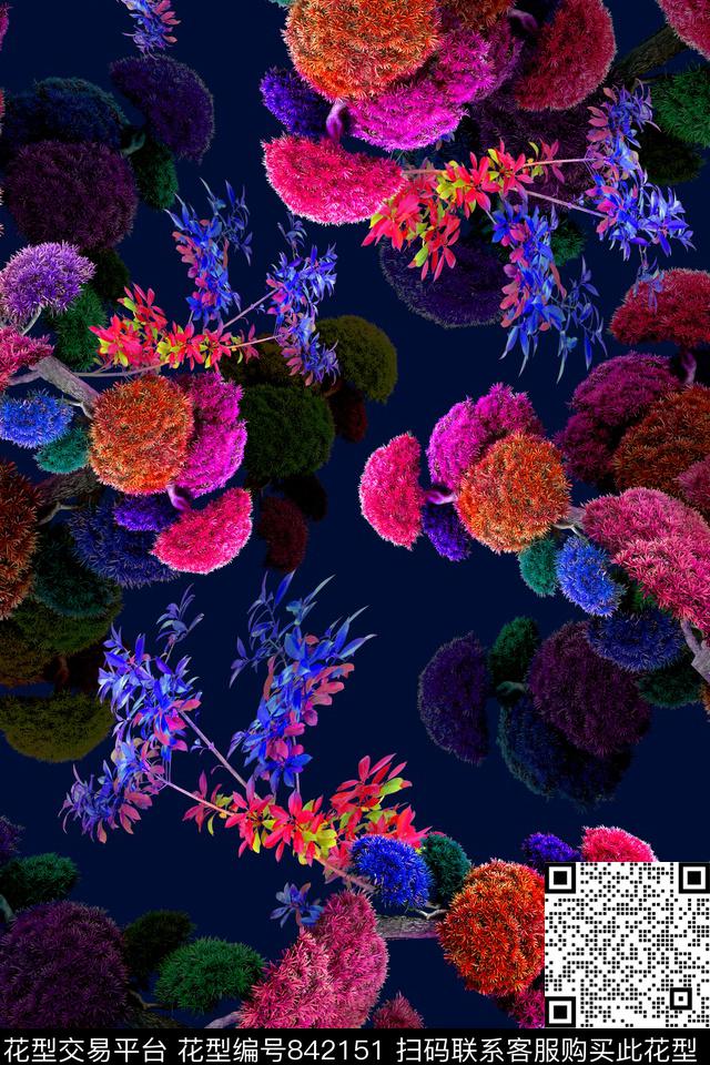 花卉中国风抽象数码印花华亿平台下载（图片编号: 842151） - 瓦栏（Walan）