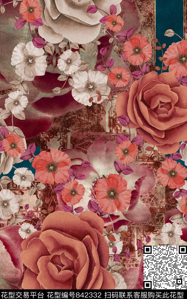 花朵大花花卉数码印花华亿平台下载（图片编号: 842332） - 瓦栏（Walan）