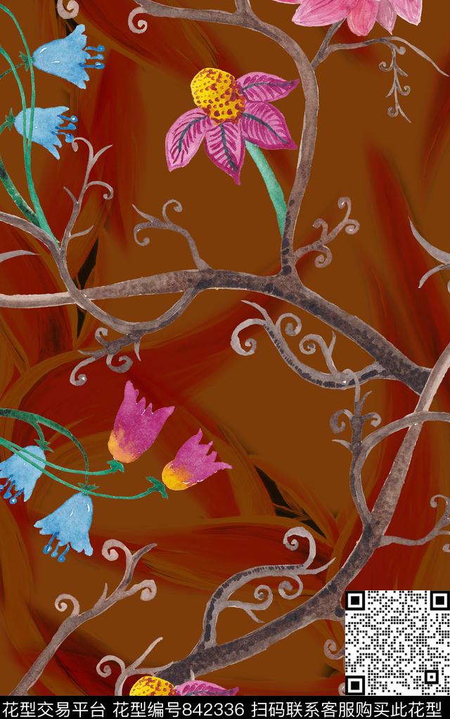 大花花朵花卉数码印花华亿平台下载（图片编号: 842336） - 瓦栏（Walan）