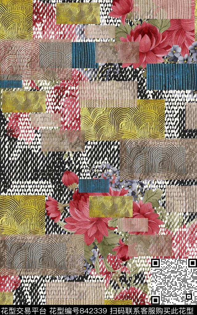 几何格子花卉数码印花华亿平台下载（图片编号: 842339） - 瓦栏（Walan）