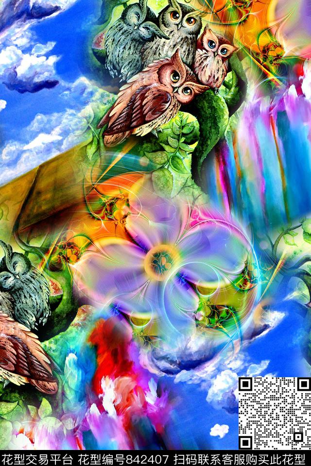 抽象条纹猫头鹰数码印花华亿平台下载（图片编号: 842407） - 瓦栏（Walan）