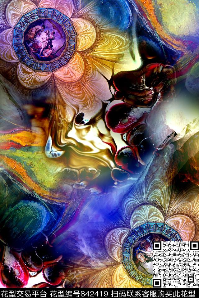 抽象几何炫彩数码印花华亿平台下载（图片编号: 842419） - 瓦栏（Walan）