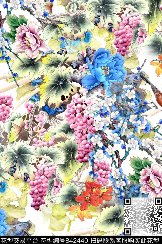 花卉中国风水彩数码印花华亿平台下载（图片编号: 842440） - 瓦栏（Walan）