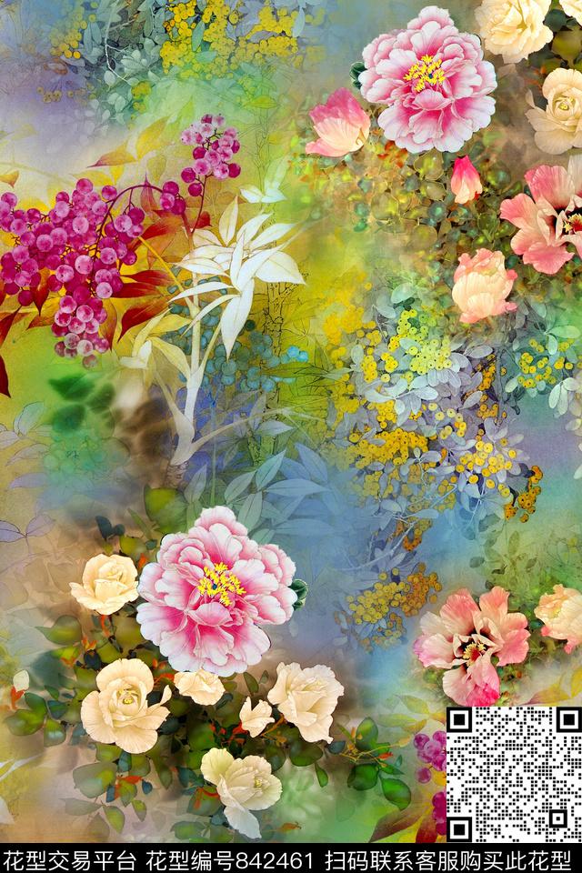 花卉中国风水彩数码印花华亿平台下载（图片编号: 842461） - 瓦栏（Walan）