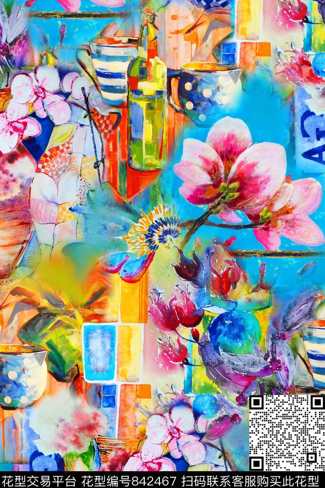 抽象水彩花卉数码印花华亿平台下载（图片编号: 842467） - 瓦栏（Walan）